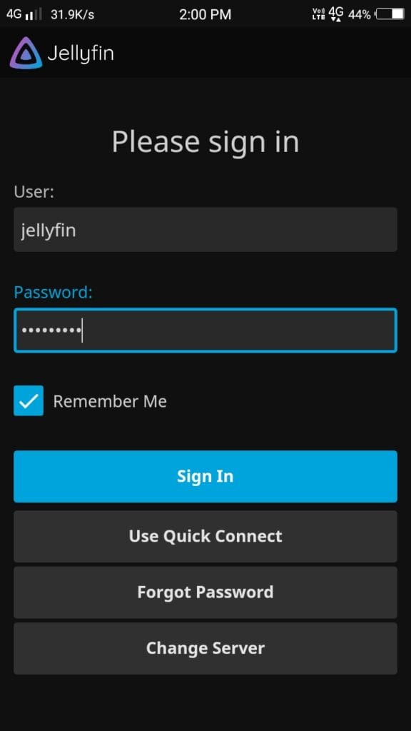 jellyfin username and password login page