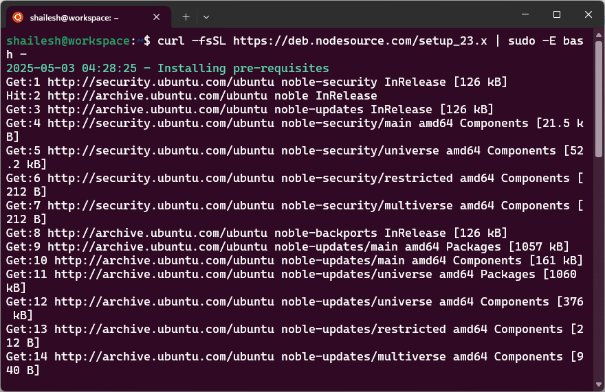 install nodejs 23 packages from sourcefile