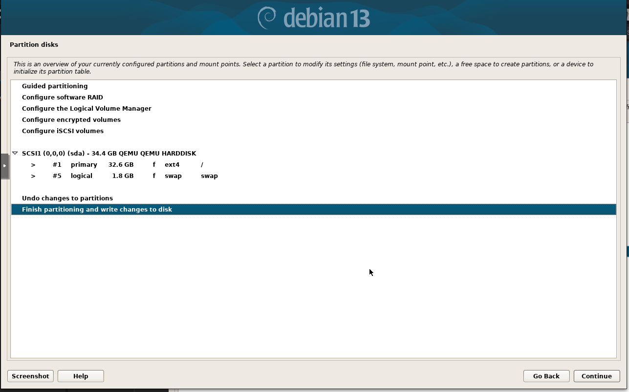 Debian 13 server installation and paratition disks option.