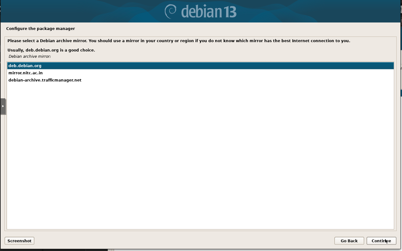 configure the package manager option in debian 13 server installation.