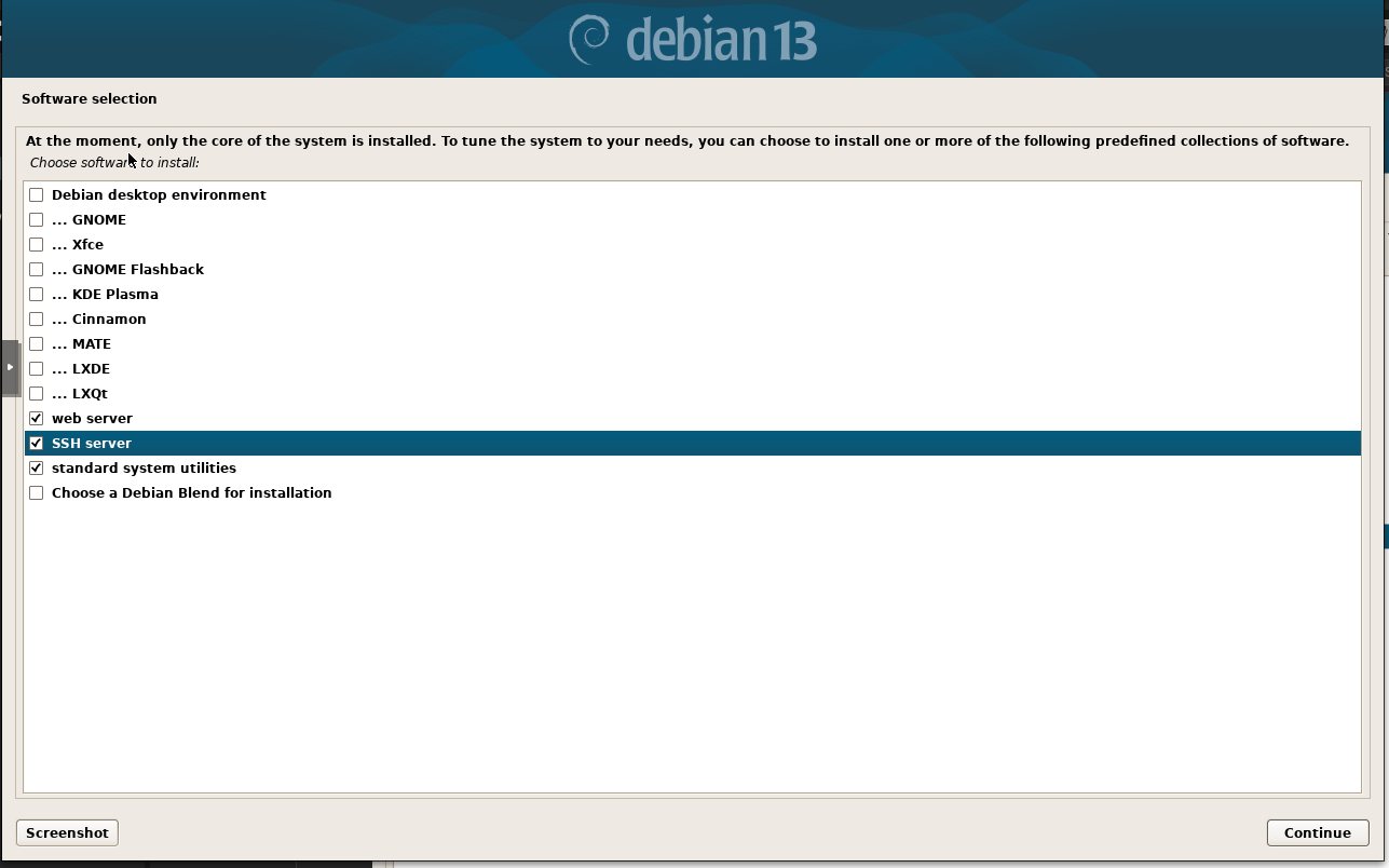 Debian 13 server in proxmox Software selection option
