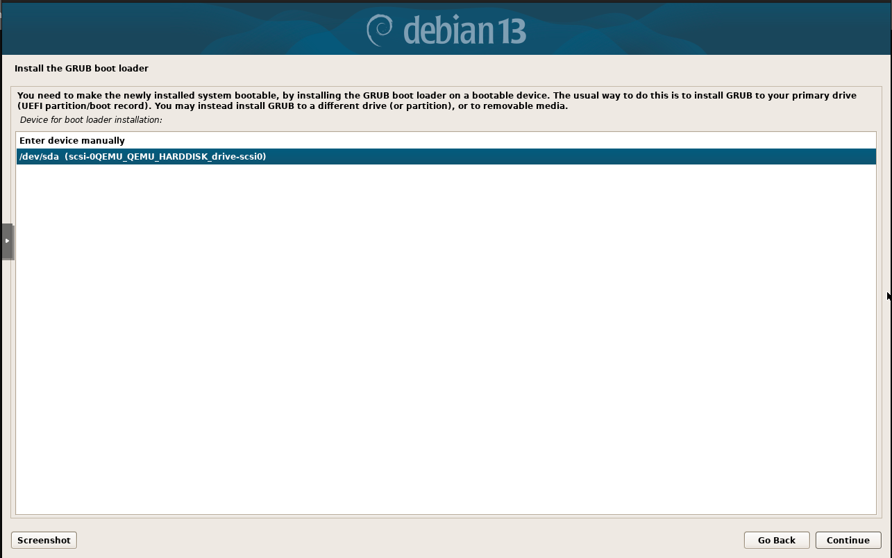 Debian 13 server installation the GRUB boot loader option.