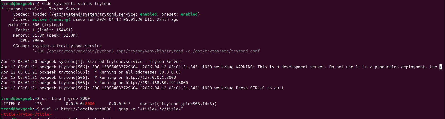 Final verification of installing Tryton.