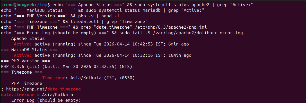 Final output for installaling dolibarr on ubuntu server.