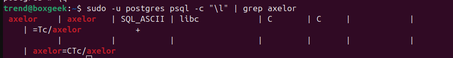 Output for postgres psql install for Axelor.