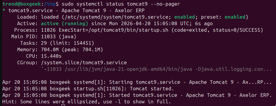 Status of Tomcat9 for Axelor.