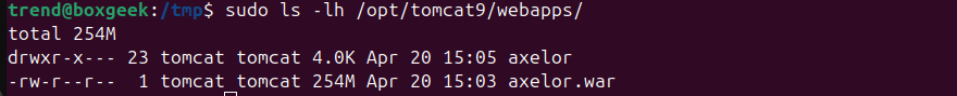 Tomcat WAR deploy output.