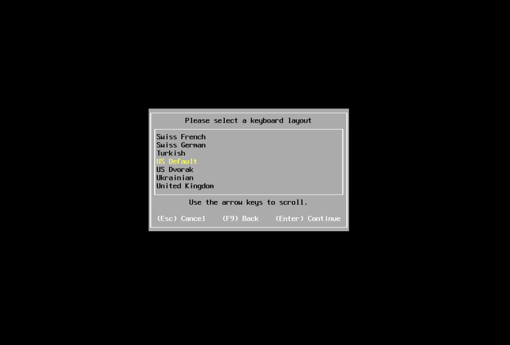 Installtion of VMware esxi and select a keyboard layout.