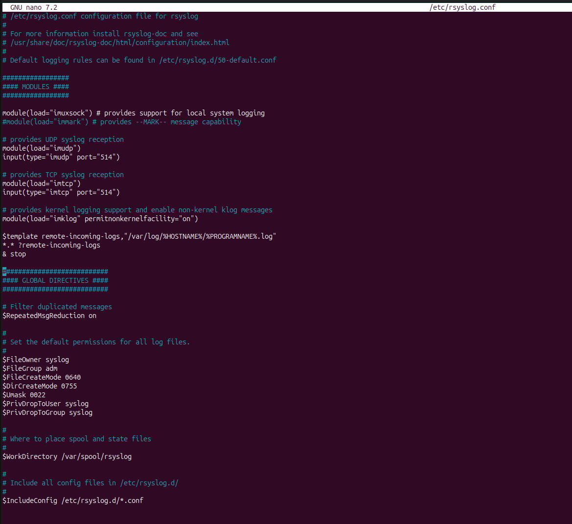 Rsyslog config file after editing.