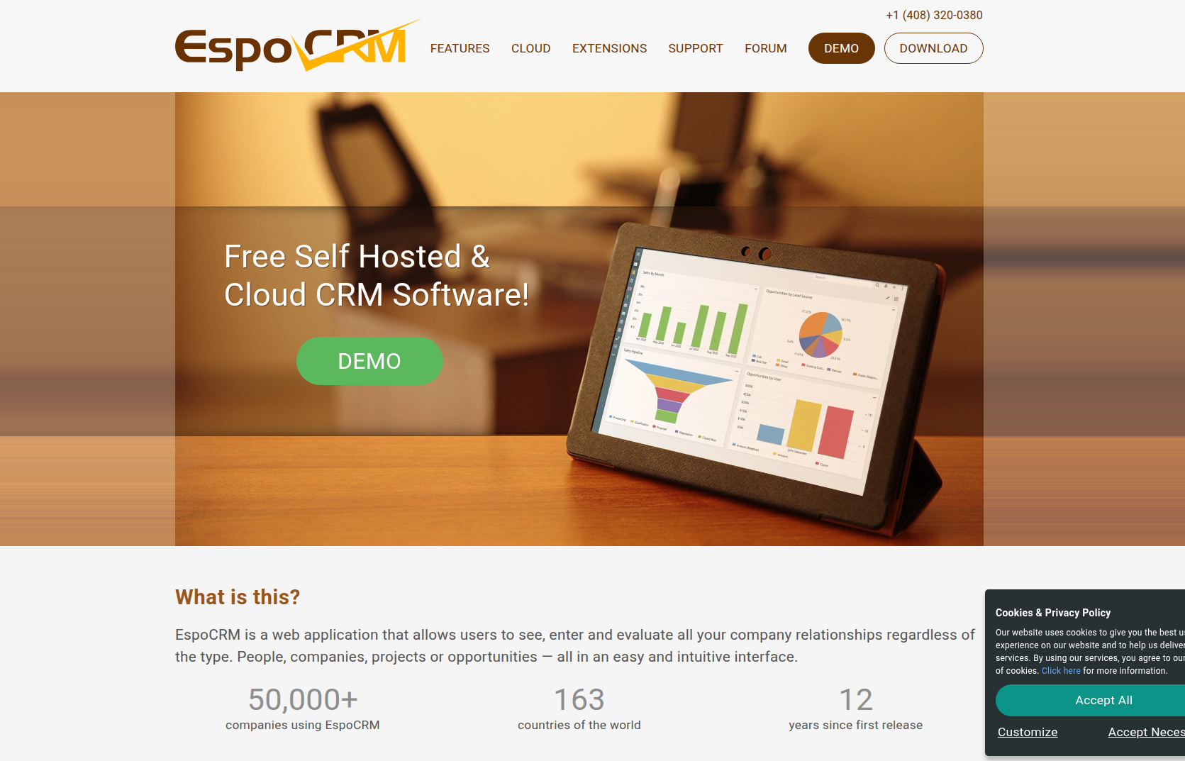 EspoCRM's home page.