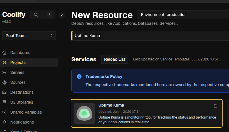 In New Resource find out Uptime Kuma.