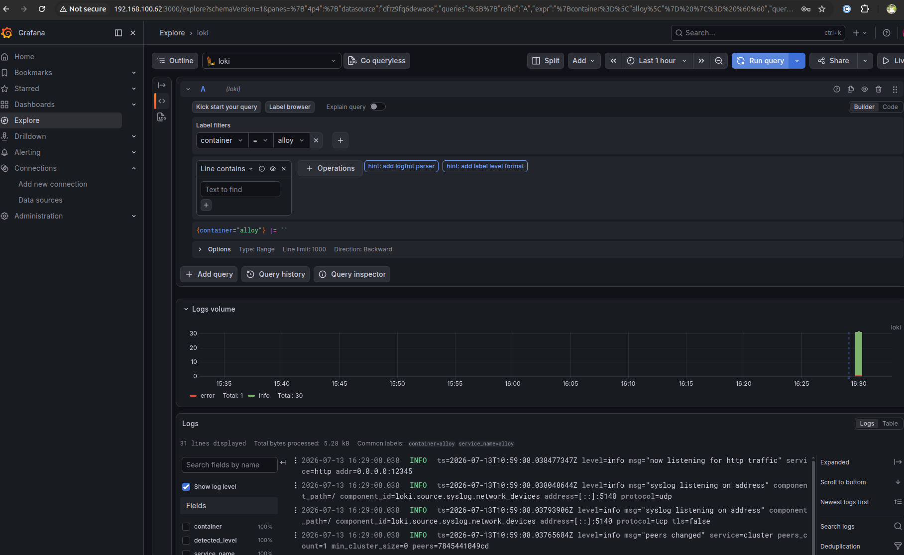 Docker container issue logs in Grafana.