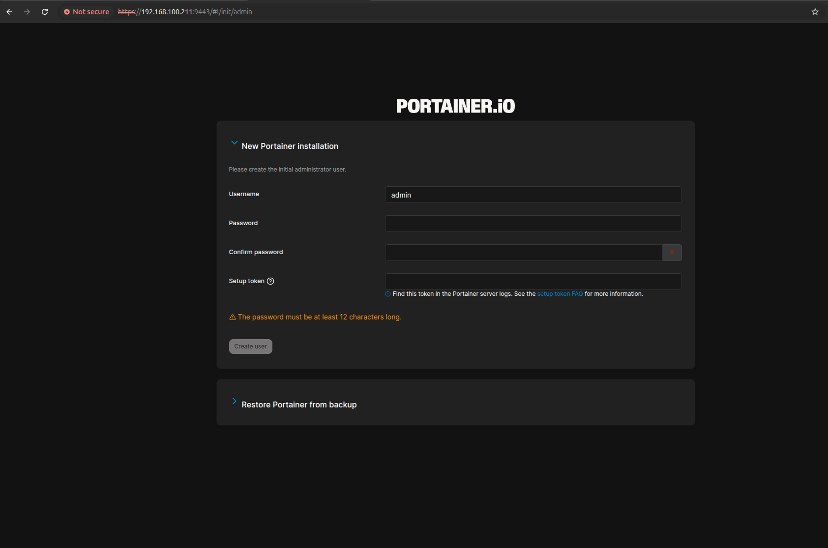Log In page of Portainer.