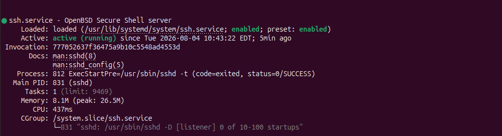 Status of SSH in debian 13 server.