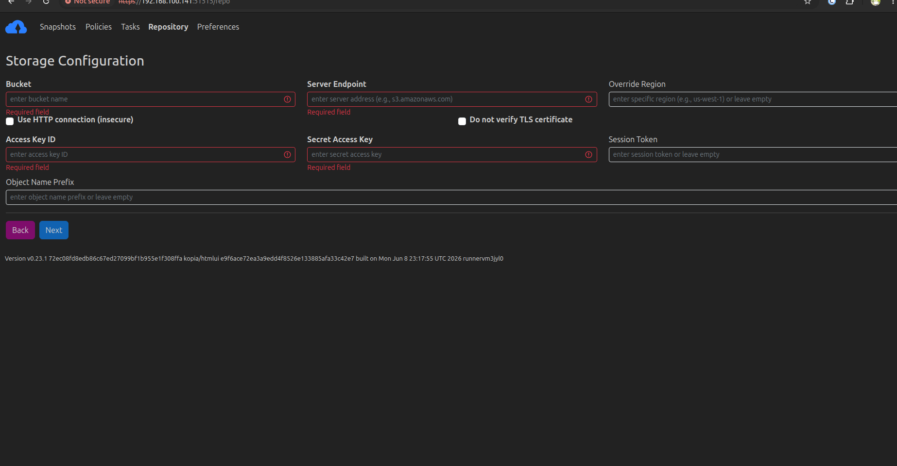 The Kopia S3 Repository setup screen filled out with credentials.