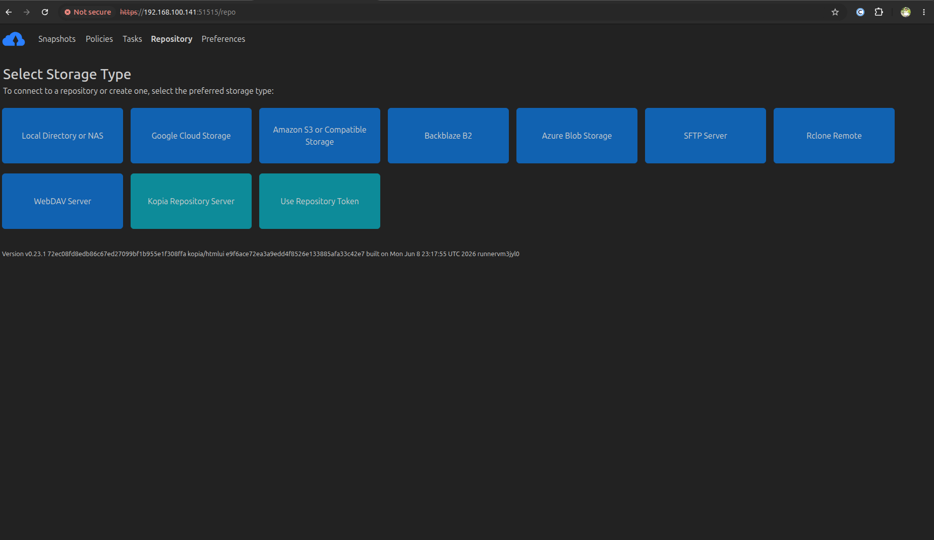 The Kopia Web UI Login screen.