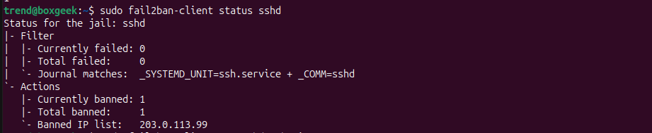check fail2ban client status sshd.