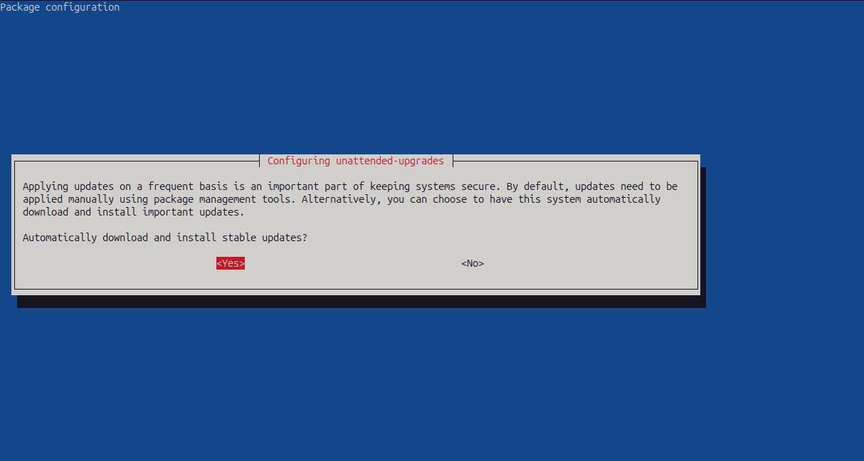 select yes when configuring unattended upgrades option open.