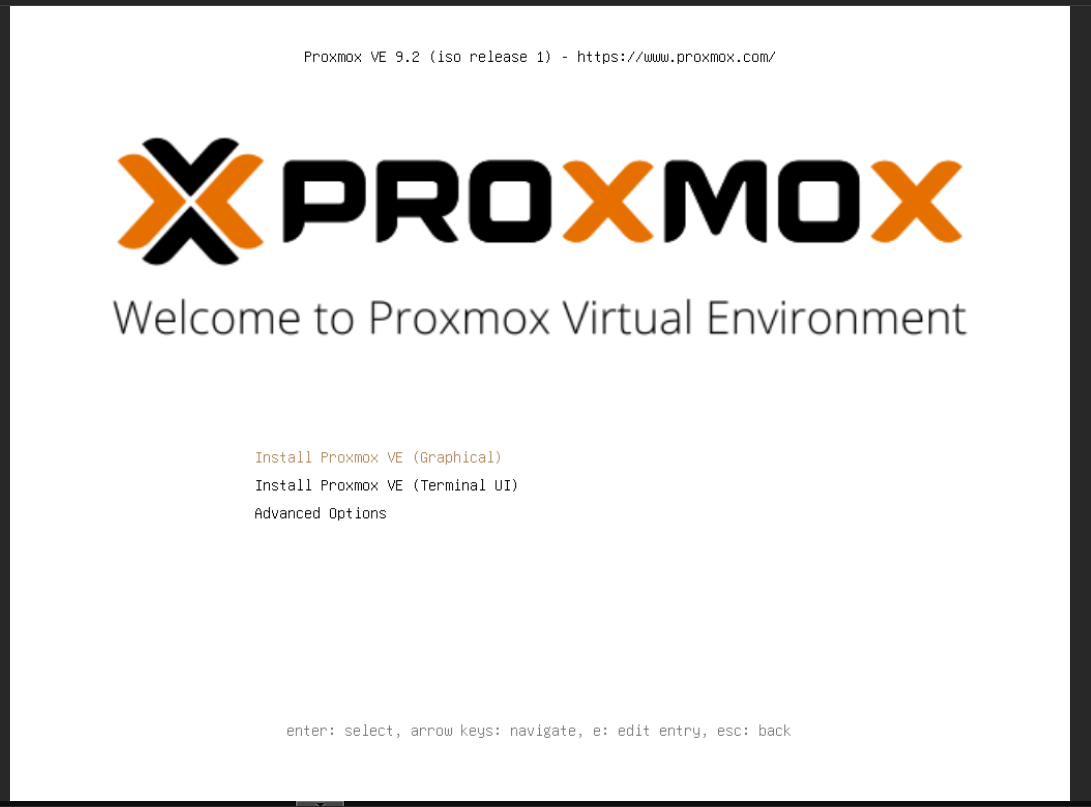 Proxmox starting page.