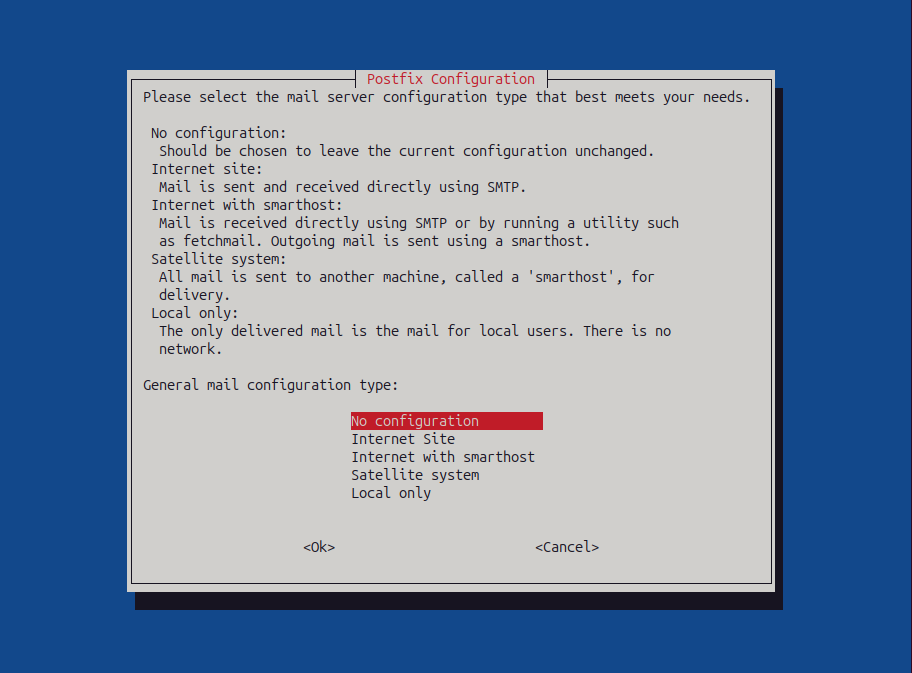 Postfix Configuration pop up.