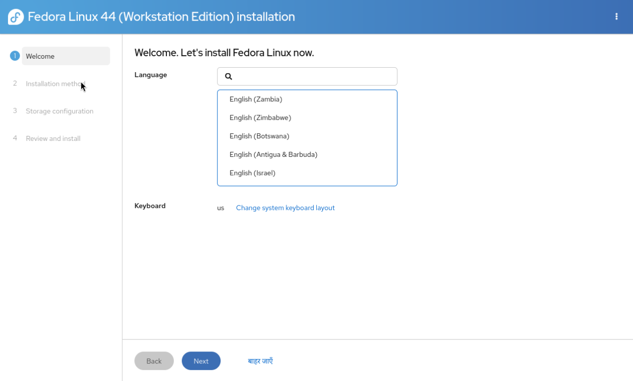 Installing Fedora 44 keyboard option.