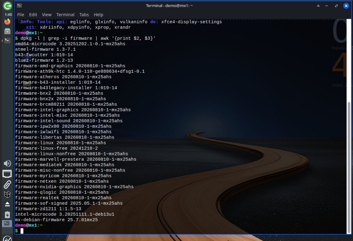 Checking the installed firmware packages shows the customized 2026 builds from the MX AHS repository.