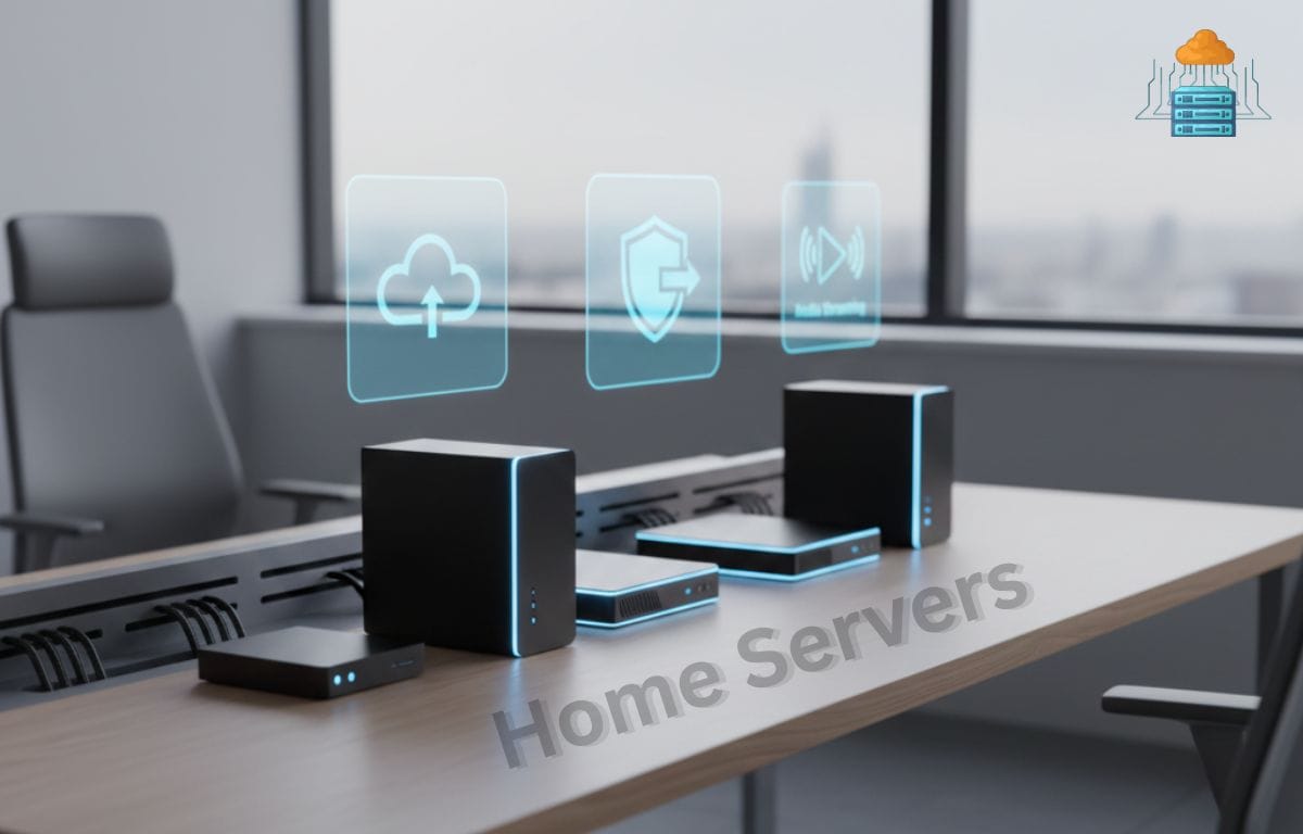 Home server setup with NAS devices, blue LED lighting, and minimalist workspace workspace for data storage and cloud backup.