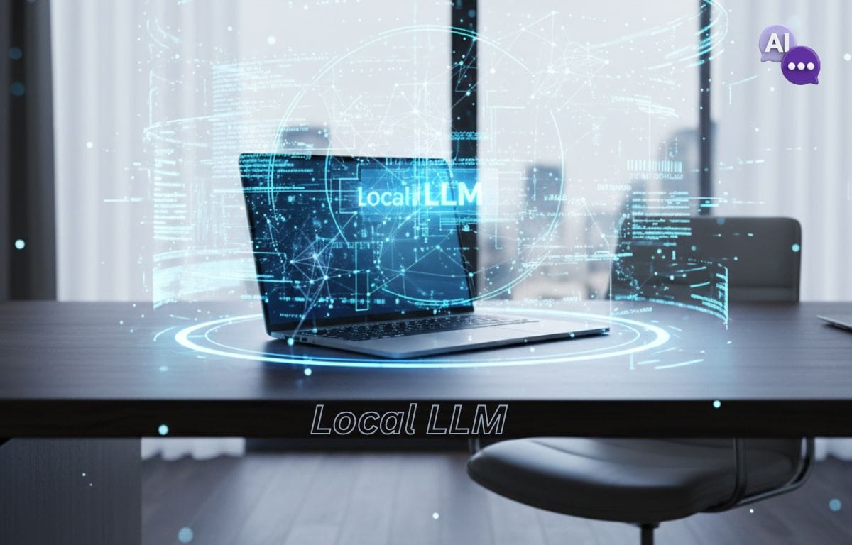 Local LLM with holographic neural network graphics in an clean modern office.