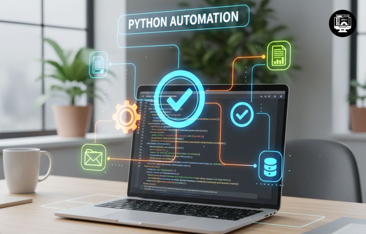 Python automation image showing a laptop with python code, simple gear icons, and task flow symbols that explain time saving work