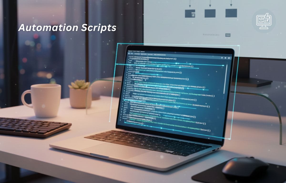 A laptop screen showing simple automation scripts running automatically, symbolizing faster and smarter workflow.