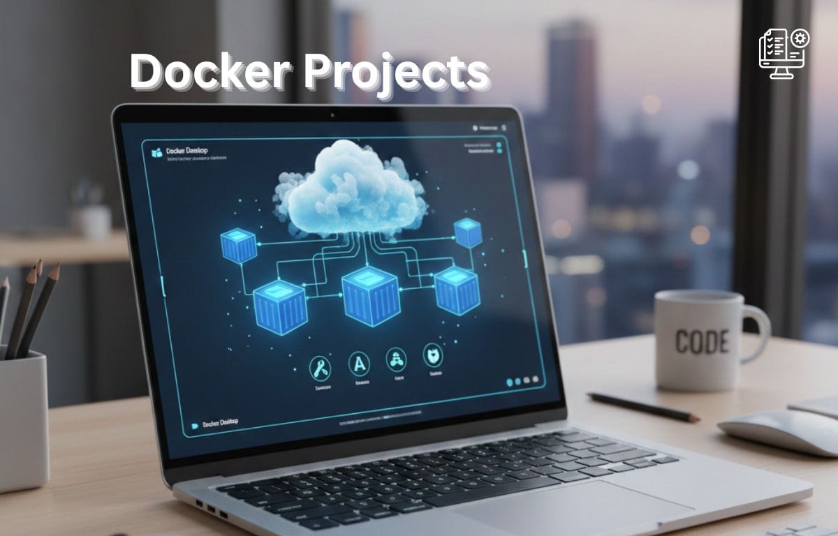 A laptop showing blue Docker container icons, representing easy and useful Docker projects for beginners in a clean tech workspace.