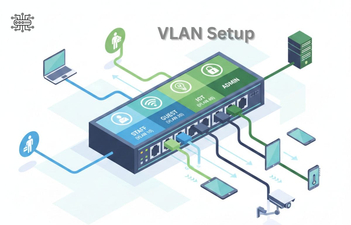 VLAN setup showing Staff VLAN 10, Guest VLAN 20, IoT VLAN 40, and Admin network connected through a managed switch with devices like laptops, servers, cameras, and smartphones.