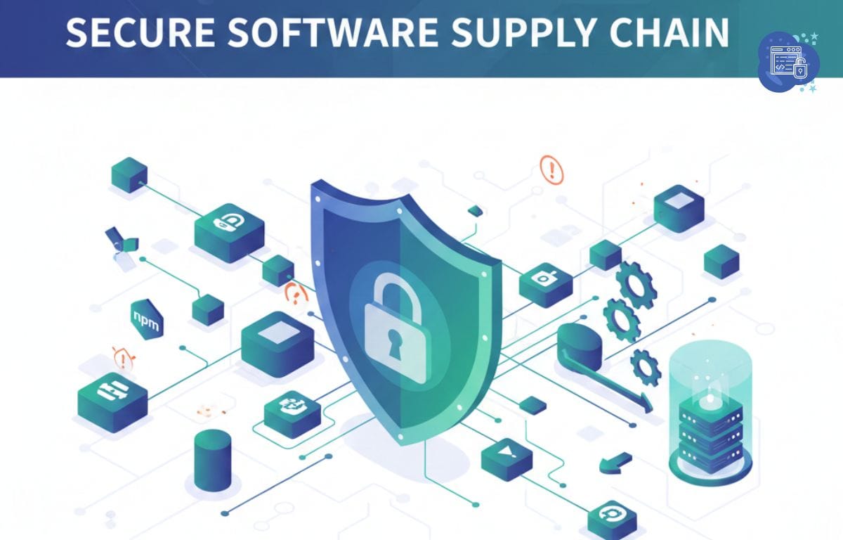 Open source software supply chain security showing protected dependencies and secure development pipeline.