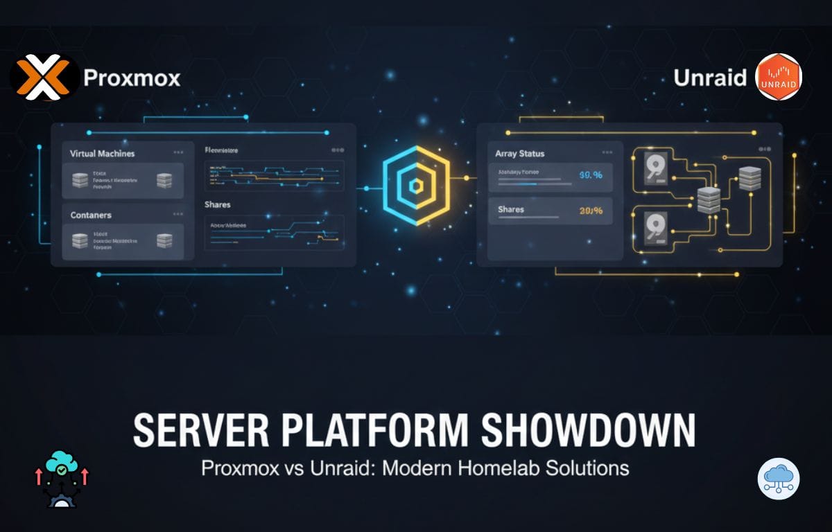Proxmox vs Unraid comparison with server icons, storage symbols, and a modern tech background.