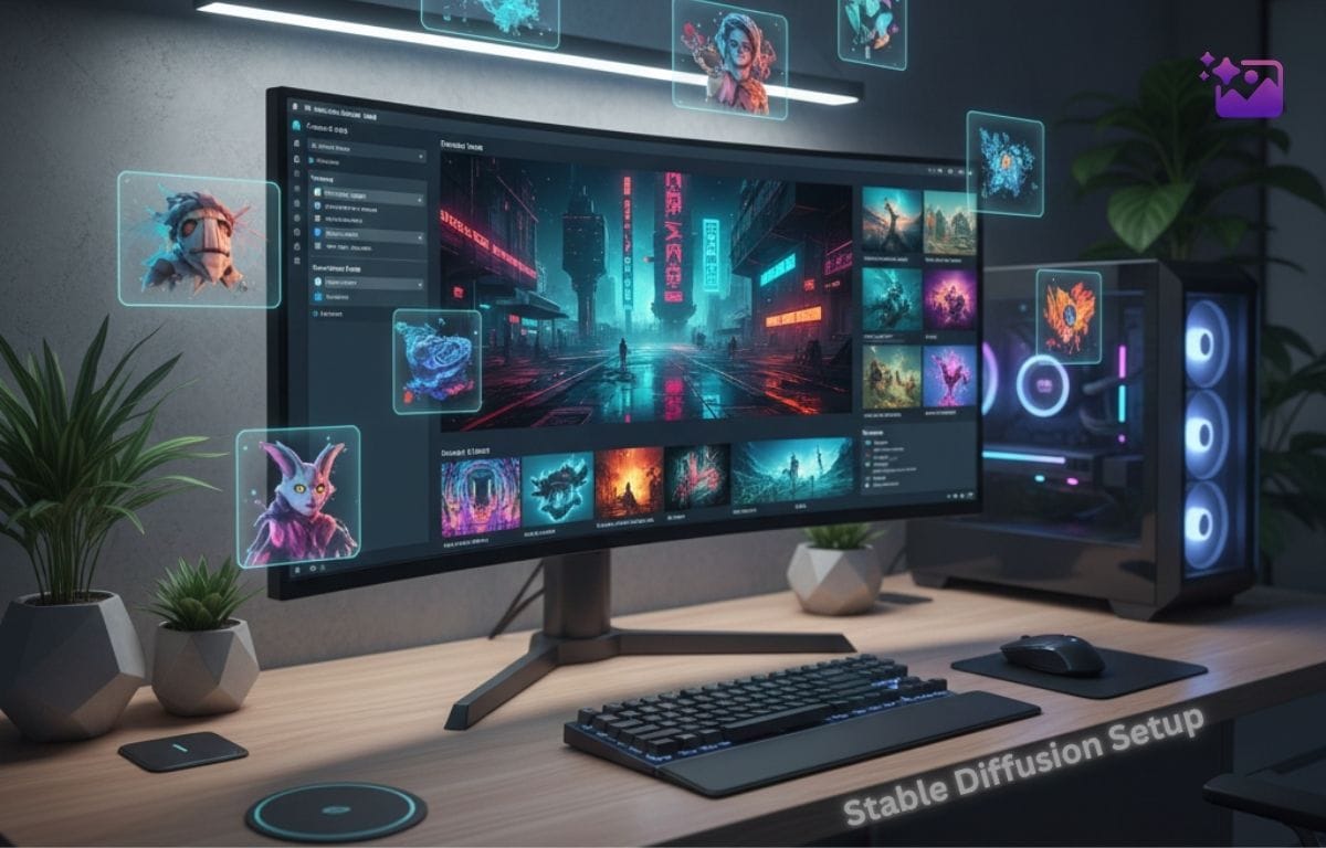 Stable Diffusion setup interface showing AI image generation on a desktop computer