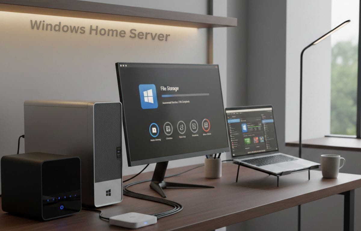 Windows Home Server setup showing centralized storage, backups, and home network connectivity
