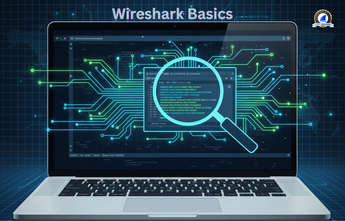 Illustration of Wireshark interface with network packets and digital analysis graphics.