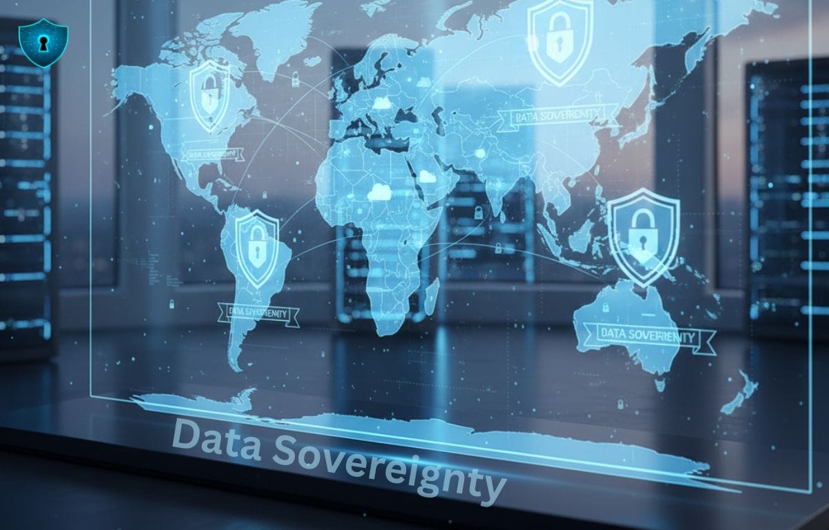 Illustration of secure cloud storage, global data control, and Data Sovereignty protection in the digital world.