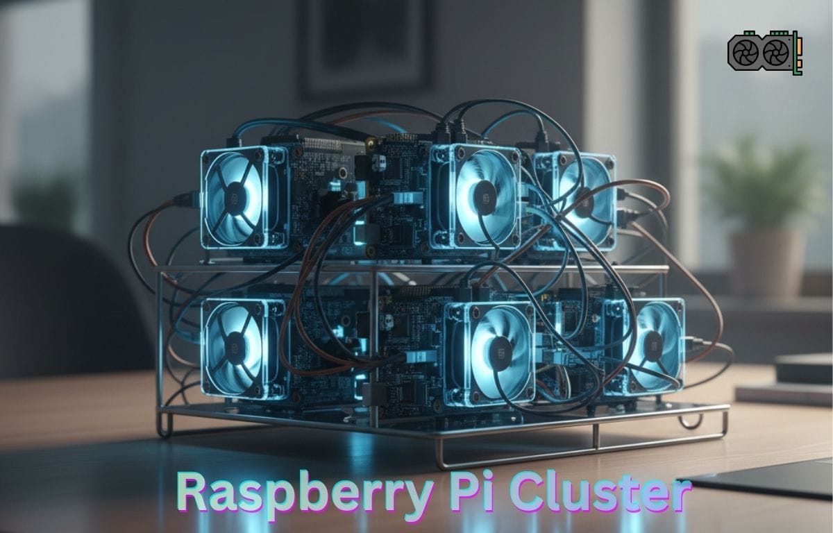 Raspberry Pi Cluster setup with multiple boards and cooling fans, showing a compact mini server for learning, home labs, and data projects.