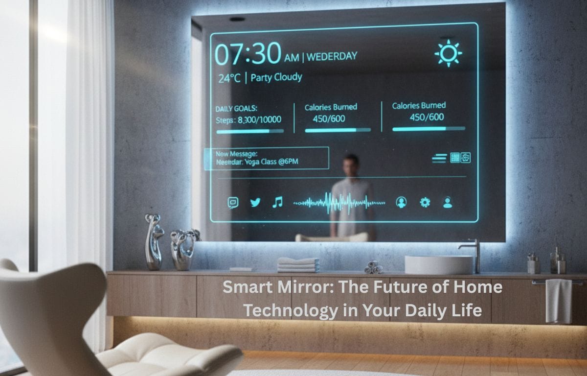 AI-powered smart mirror displaying weather, fitness goals, reminders, and notifications in a modern home bathroom