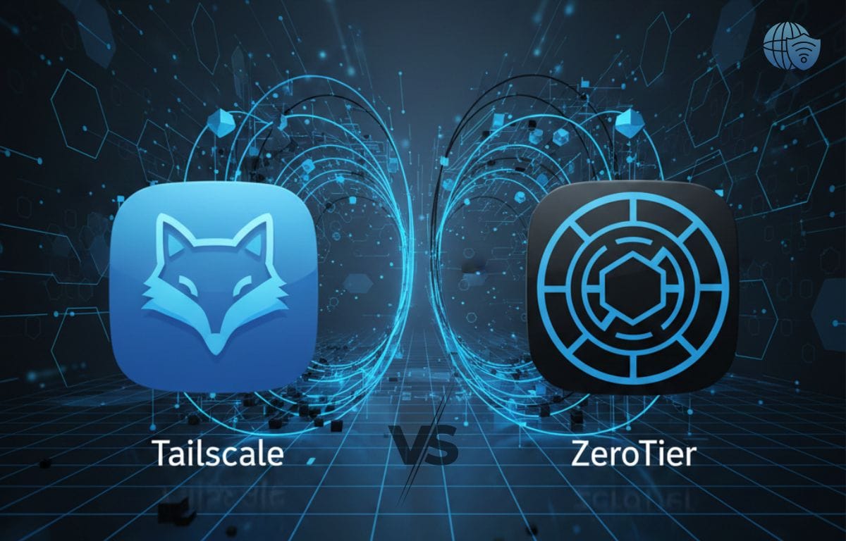 Tailscale vs ZeroTier comparison with two logos connected by a secure digital network on a modern tech background. 