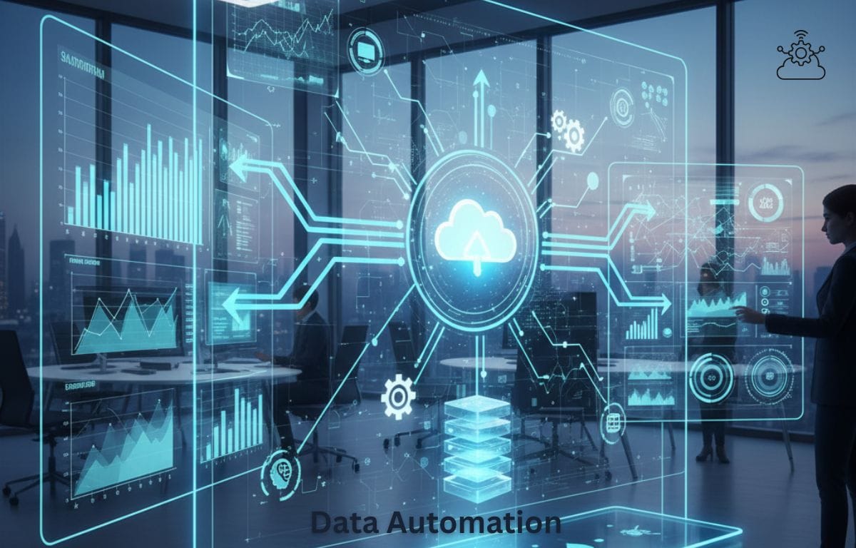Data automation workflow showing automated data processing, analytics dashboards, and cloud integration for business efficiency.