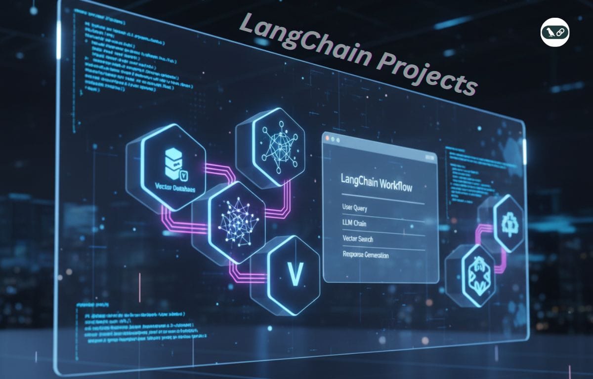 LangChain workflow illustration showing connected AI blocks, vector databases, neural network graphics, and coding interface.