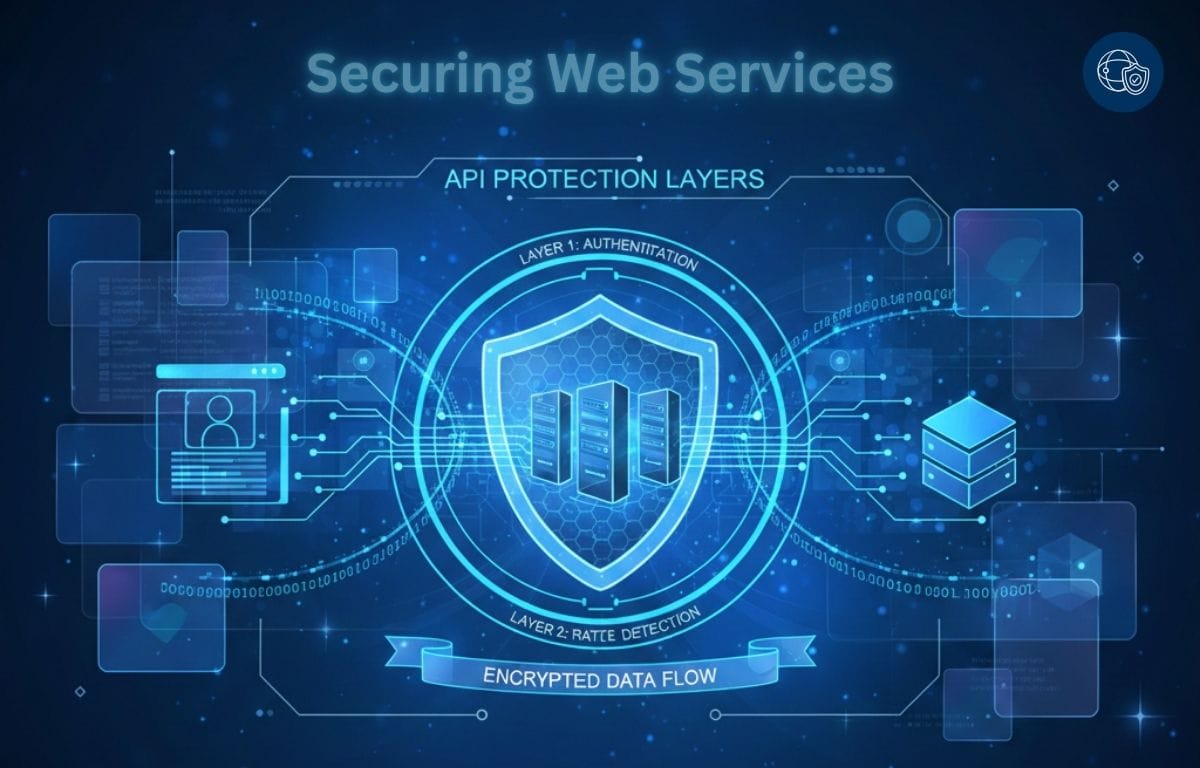 Secure web services architecture with digital shield and encrypted API layers.
