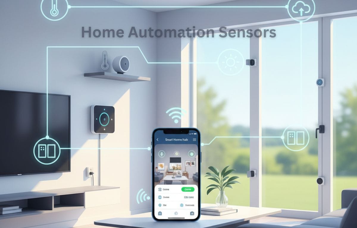 Smart home illustration showing motion, door, temperature, light, and smoke sensors connected in a modern living room for home automation.