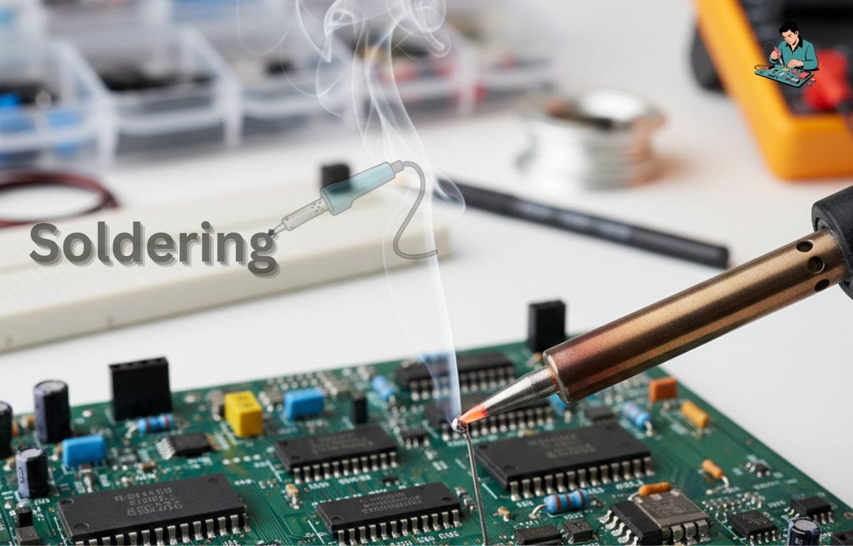 Close up photo of soldering iron melting solder on a circuit board, showing clear details for beginners learning basic soldering.